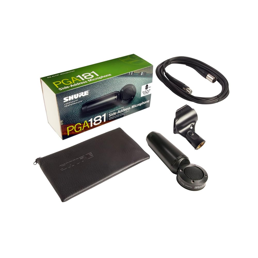 Shure PGA181 Condenser Microphone - Side-Address Mic for Instrument and Vocals with Cardioid Pick-up Pattern, 3-pin XLR Connector, 15' XLR-to-XLR Cable, Stand Adapter and Zipper Pouch (PGA181-XLR)