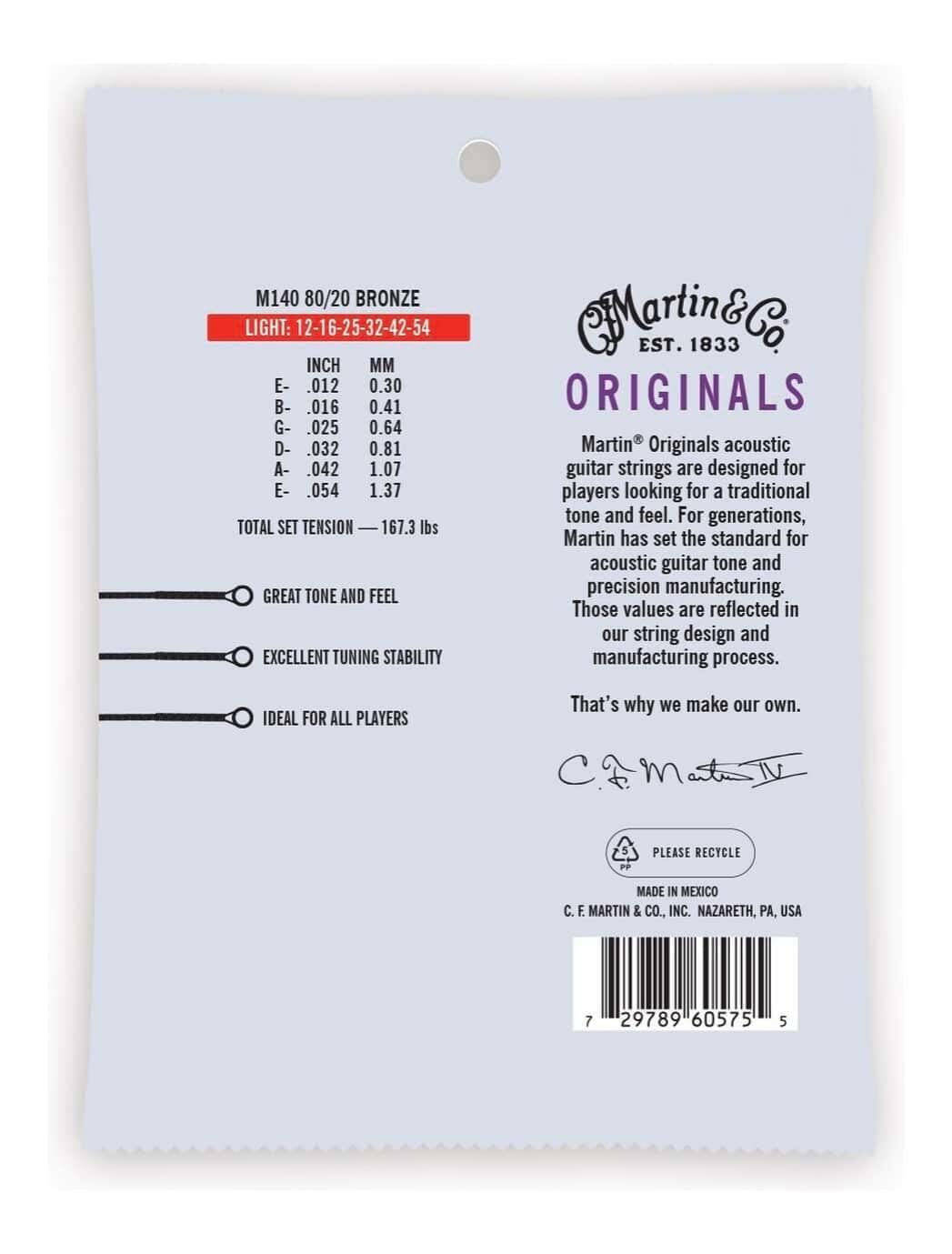 Martin Guitar Original Acoustic M140, 80/20 Bronze, Light-Gauge Guitar Strings
