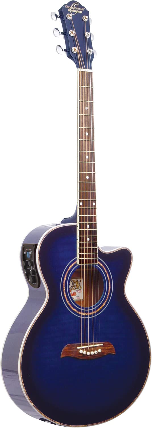 Oscar Schmidt 6 String OG10CE Cutaway Acoustic-Electric Guitar Trans, Right, Flame Transparent Blue (OG10CEFTBL-A)