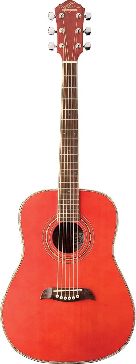 Oscar Schmidt 6 String OGHS 1/2 Size Dreadnought Acoustic Guitar. Trans, Right, Transparent Red (OGHSTR-A)