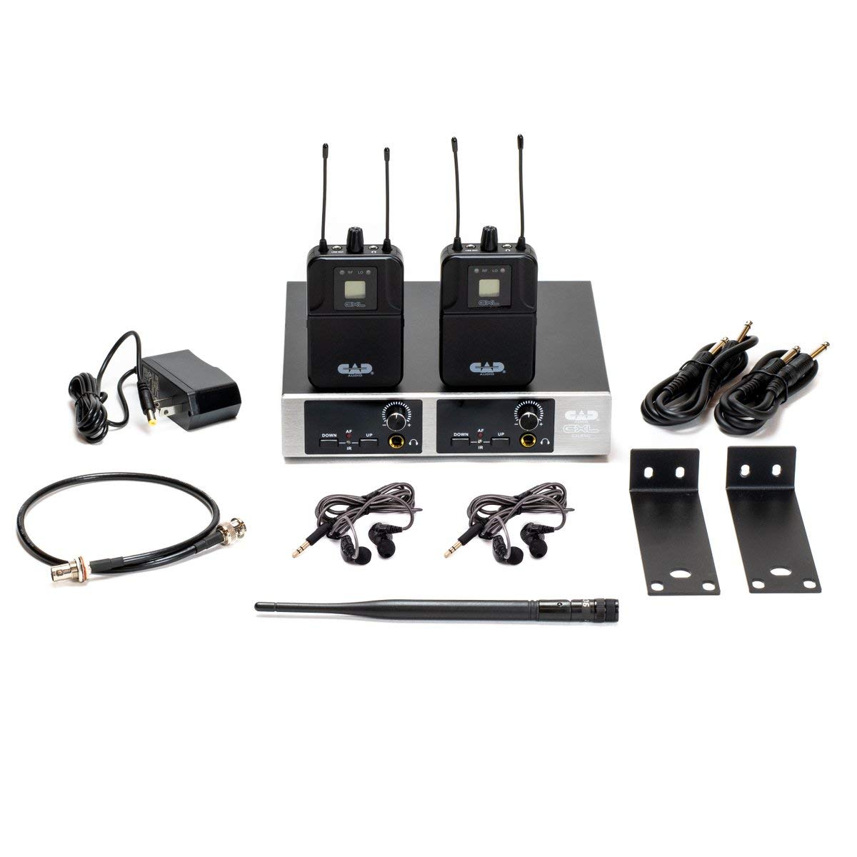 CAD Audio GXLIEM2 Frequency Agile Wireless In Ear Monitor System - Two discrete mixes - includes 2 MEB1 Earbuds, 2 Bodypack Receivers, Rack Mount Ears and Antenna Relocation Kit