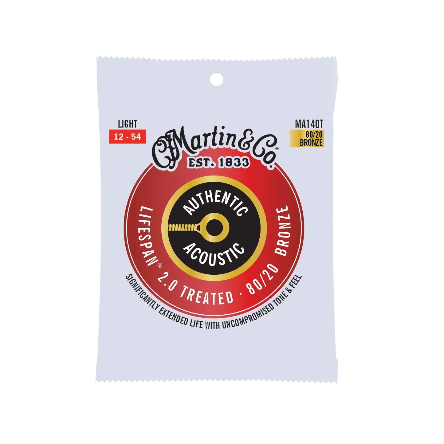 Martin Authentic Acoustic Guitar Strings, Lifespan 2.0 Treated, Light, 80/20 Bronze