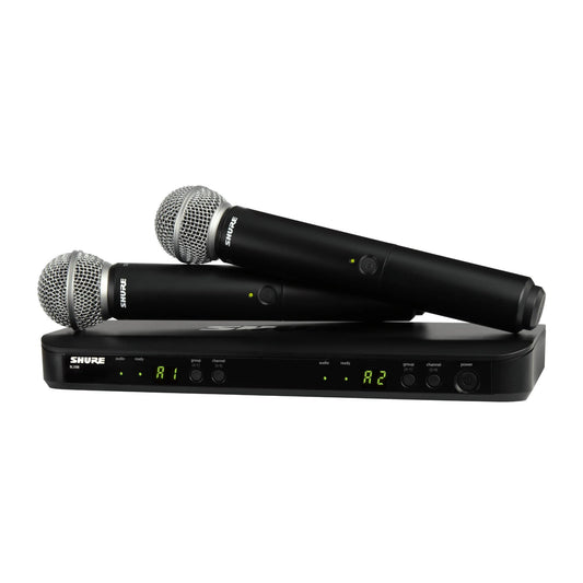 Shure BLX288/SM58 UHF Wireless Microphone System - Perfect for Church, Karaoke, Vocals - 14-Hour Battery Life, 300 ft Range | Includes (2) SM58 Handheld Vocal Mics, Dual Channel Receiver | J11 Band