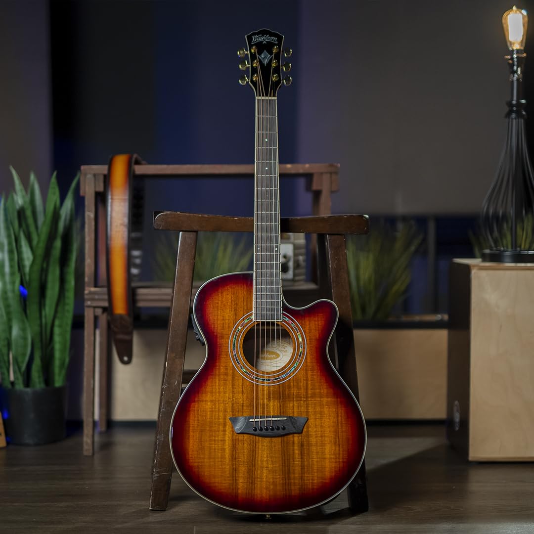 Washburn Festival Series 6 String Acoustic Electric Guitar, Right, Koa Burst, Cutaway Mini Jumbo (EA55G-A)