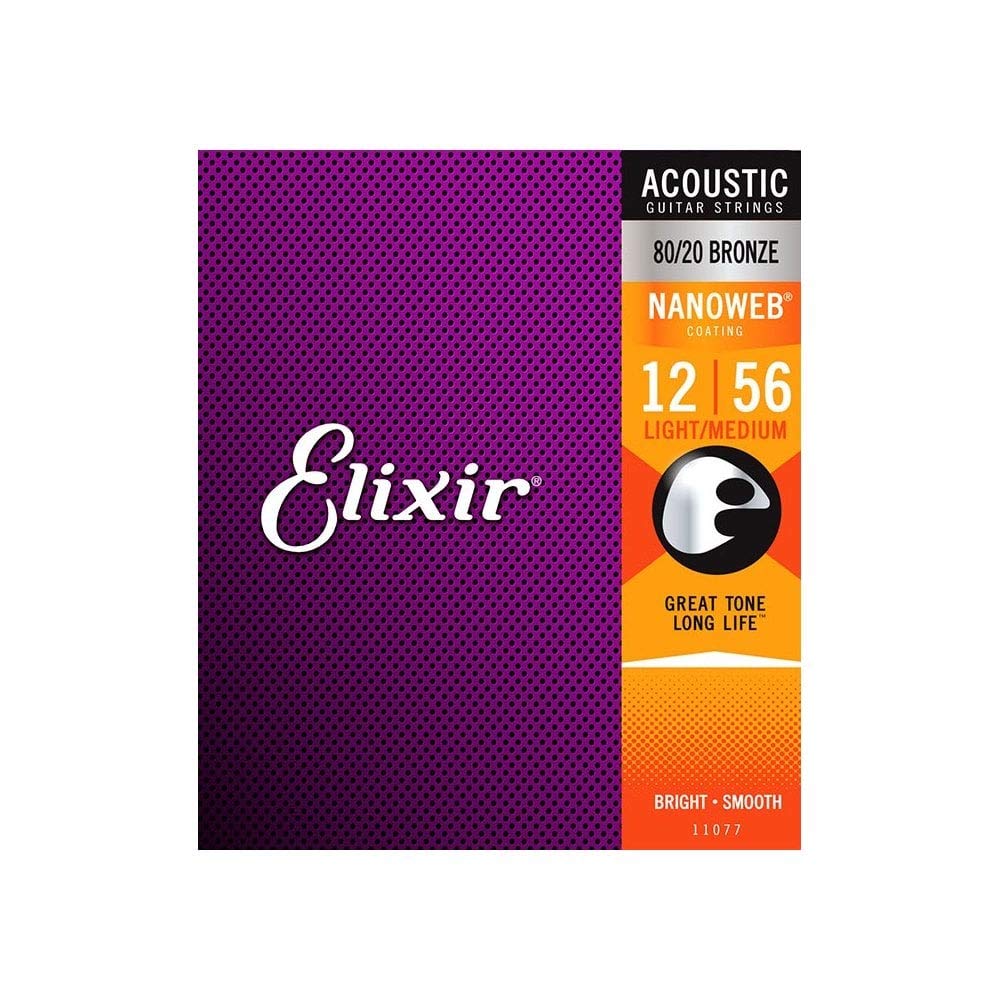 Elixir 11077 80/20 Bronze Nanoweb Coating Acoustic Guitar Strings, Light-Medium, 12-56 (2 Pack)