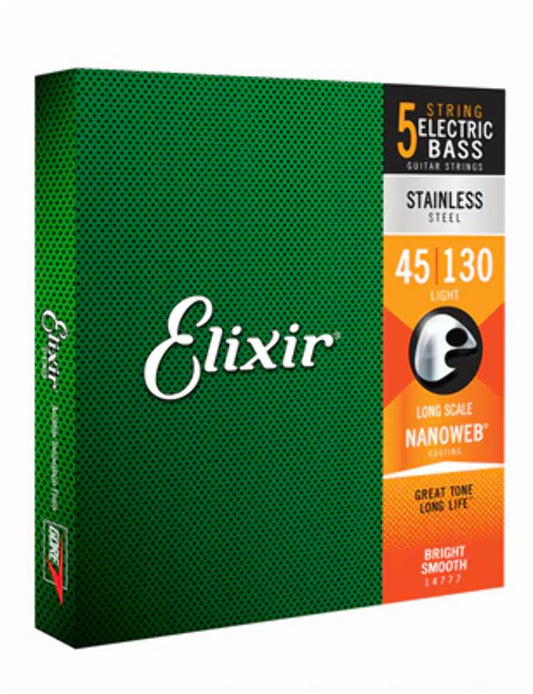 Elixir Strings Stainless Steel 5-String Bass Strings w NANOWEB Coating, Long Scale, Light (.045-.130)