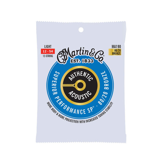 Martin Authentic Acoustic Guitar Strings, Superior Performance Light 12-54,12-30, 80/20 Bronze, 12 strings