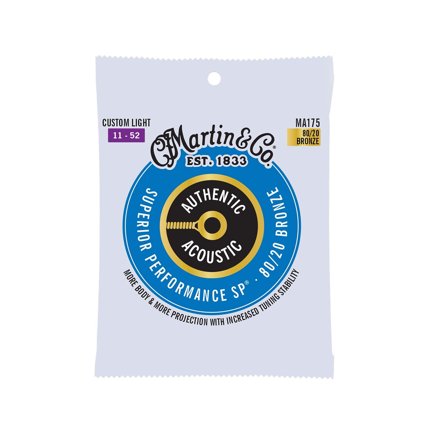 Martin Authentic Acoustic Guitar Strings, Superior Performance Custom Light 11-52, 80/20 Bronze