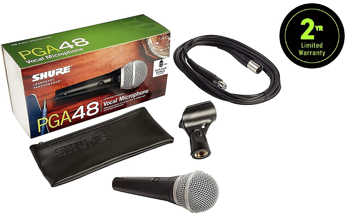 Shure PGA48 Dynamic Microphone - Handheld Mic for Vocals with Cardioid Pick-up Pattern, Discrete On/Off Switch, 3-pin XLR Connector, 15' XLR-to-XLR Cable, Stand Adapter and Zipper Pouch (PGA48-XLR)