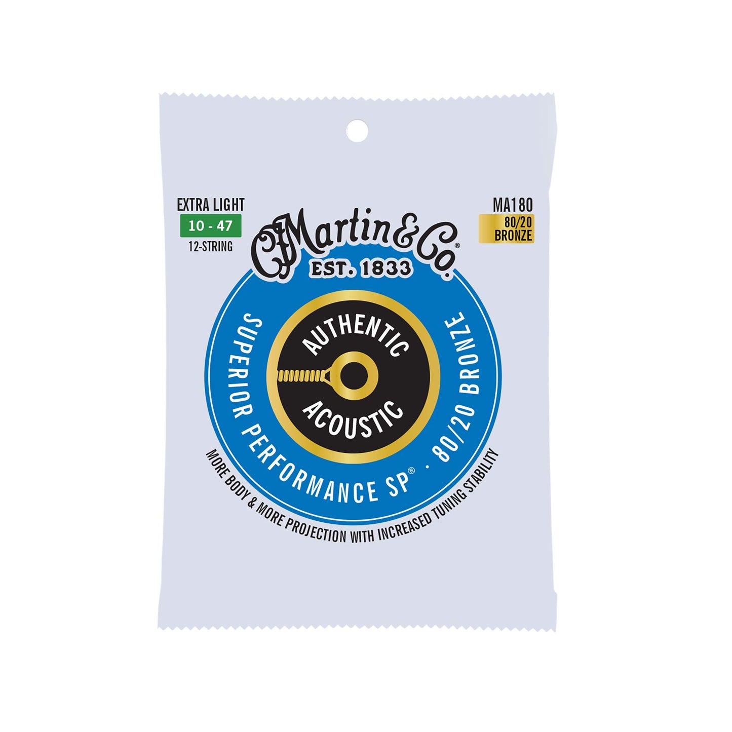 Martin Authentic Acoustic Guitar Strings, Superior Performance Extra Light 10-47, 80/20 Bronze, 12 strings