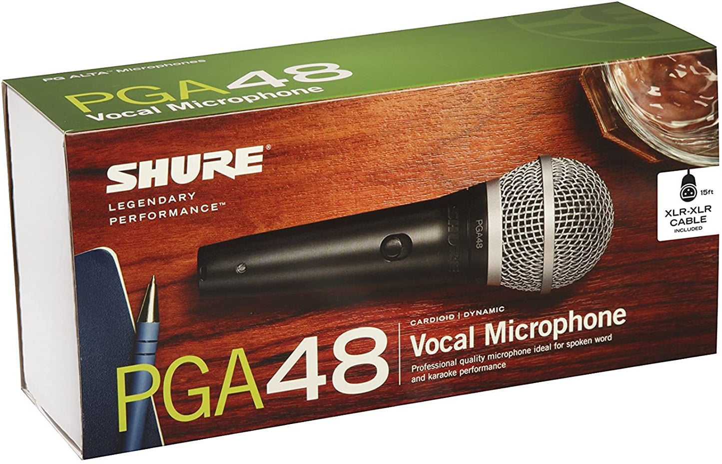 Shure PGA48 Dynamic Microphone - Handheld Mic for Vocals with Cardioid Pick-up Pattern, Discrete On/Off Switch, 3-pin XLR Connector, 15' XLR-to-XLR Cable, Stand Adapter and Zipper Pouch (PGA48-XLR)