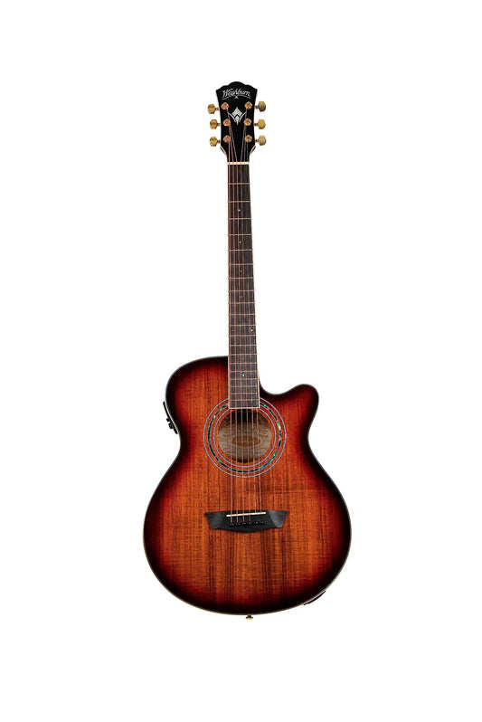 Washburn Festival Series 6 String Acoustic Electric Guitar, Right, Koa Burst, Cutaway Mini Jumbo (EA55G-A)