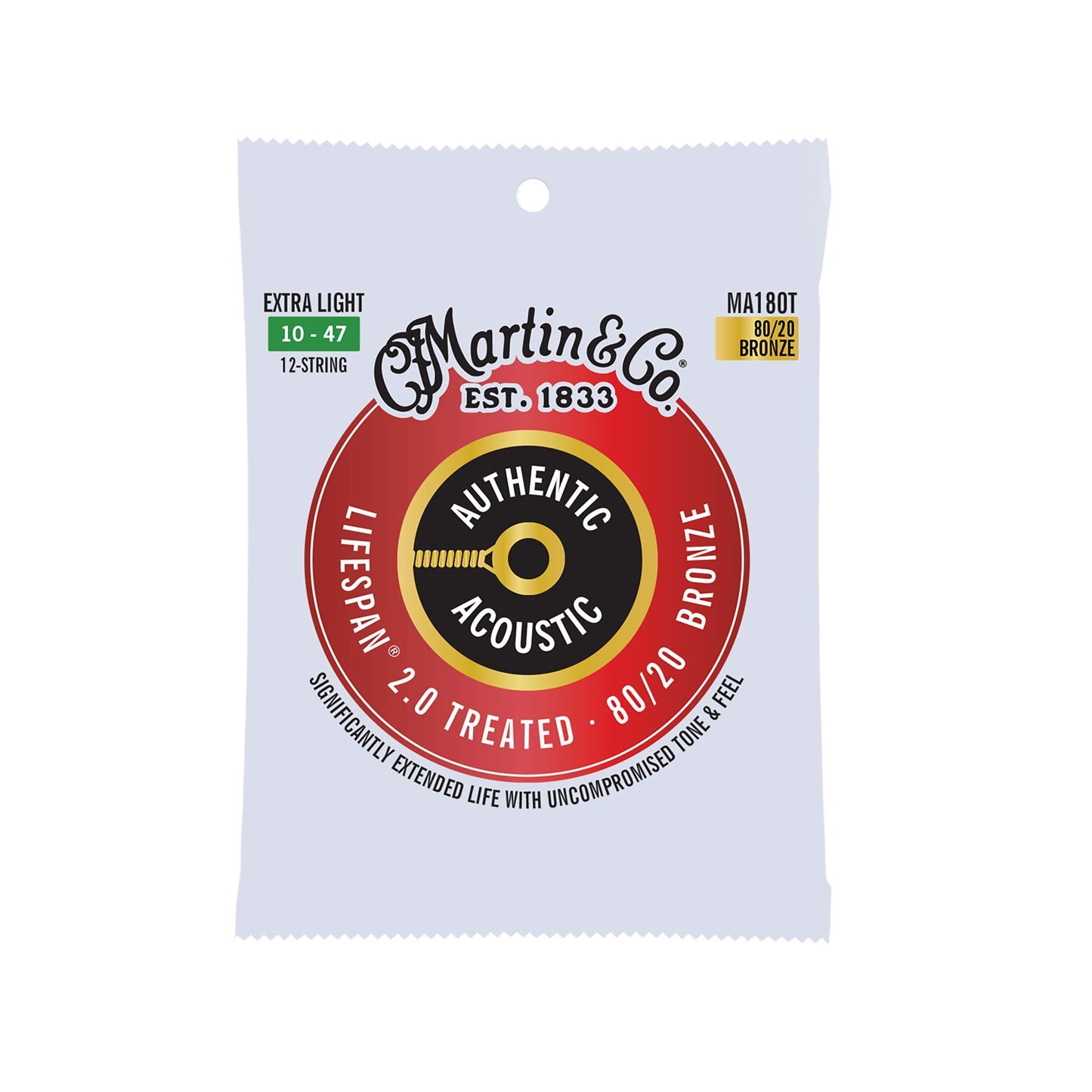 Martin Authentic Acoustic Guitar Strings, Lifespan 2.0 Treated, Extra Light 12-String, 80/20 Bronze