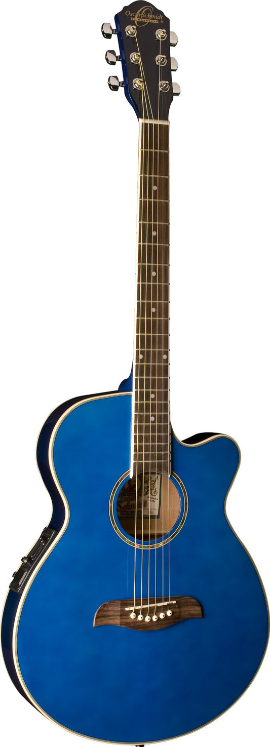 Oscar Schmidt OG8CETBL-A-U Shallow Folk Style Acoustic Electric Guitar. Trans Blue