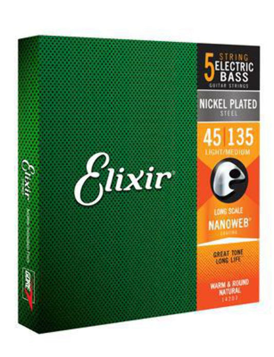 Elixir Strings Nickel Plated Steel 5-String Bass Strings w NANOWEB Coating, Long Scale, Light/Medium (.045-.135)