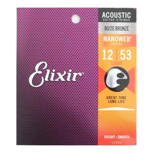 Elixir Nanoweb coated 11052 80/20 bronze light acoustic guitar strings 12-53 (2 PACKS)