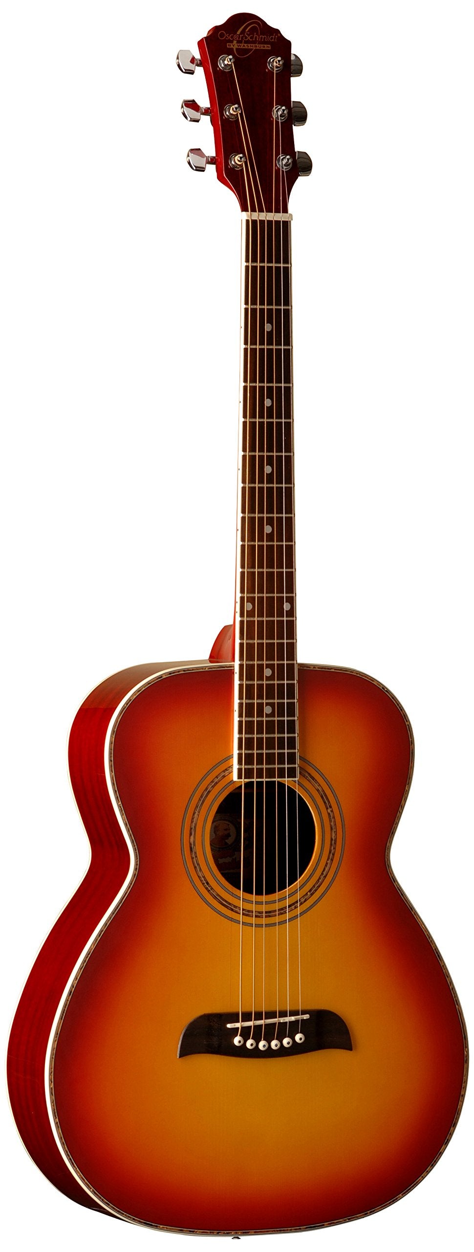 Oscar Schmidt 6 String OF2 Folk Acoustic Guitar. Cherry Sunburst, Right, (OF2CS-A)