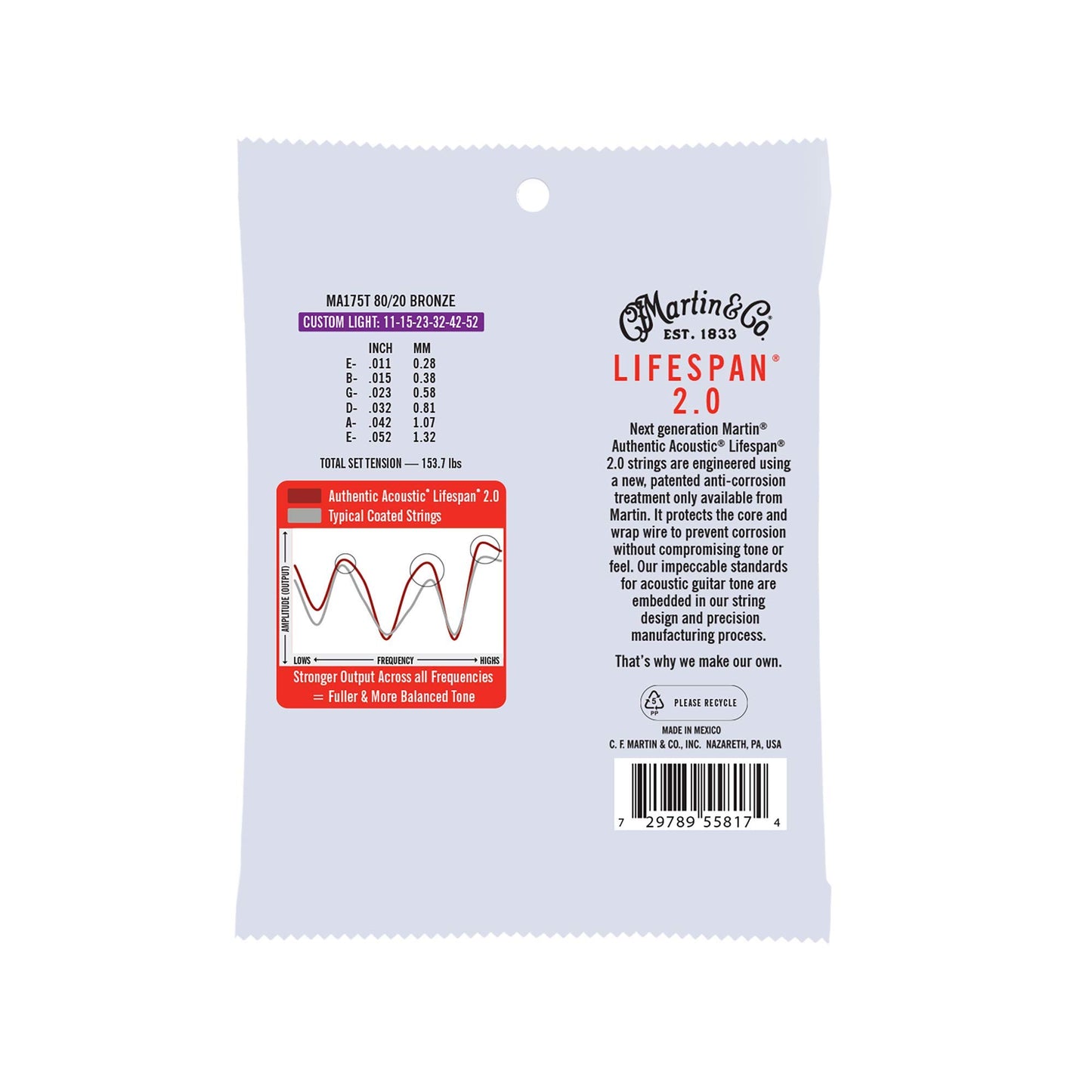 Martin Authentic Acoustic Guitar Strings, Lifespan 2.0 Treated, Custom Light, 80/20 Bronze