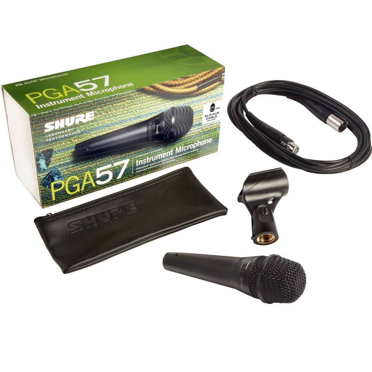 Shure PGA57 Dynamic Microphone - Professional Quality Instrument Mic with Cardioid Pick-up Pattern, 3-in XLR Connector, 15' XLR-to-XLR Cable, Stand Adapter and Zipper Pouch, (PGA57-XLR)