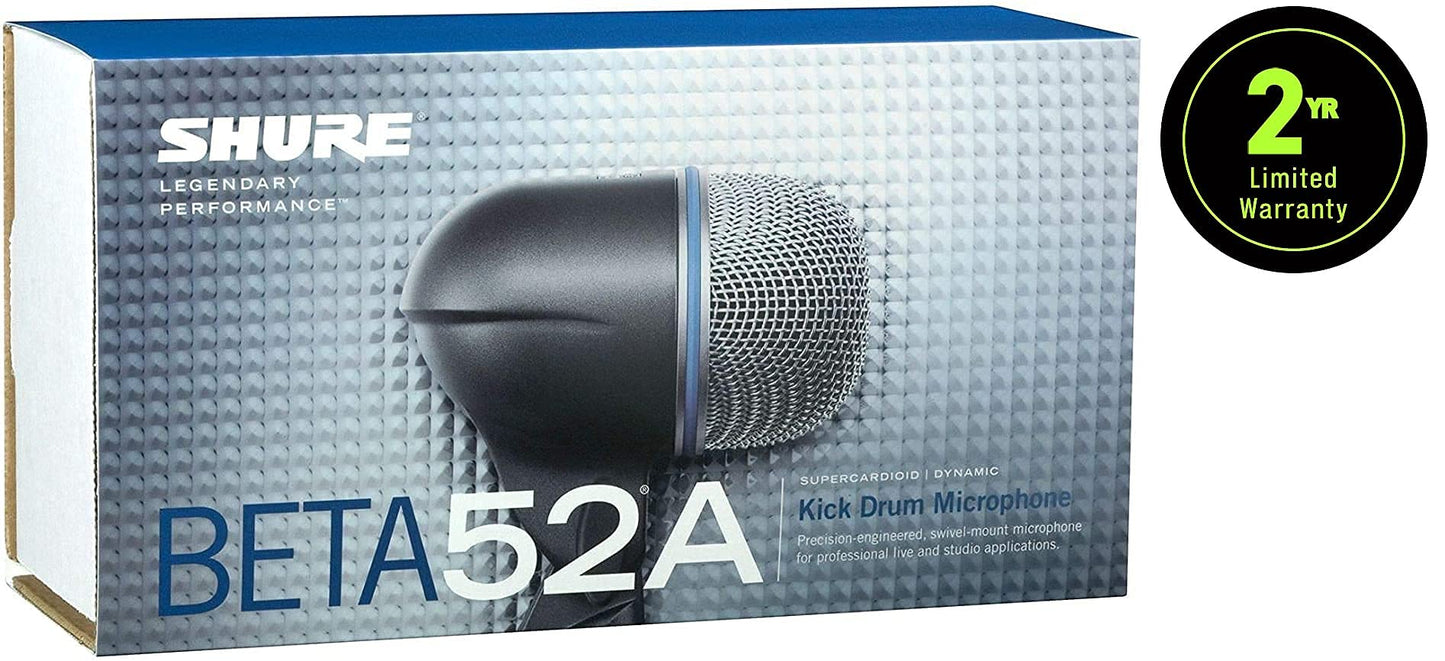 Shure BETA 52A Kick Drum Microphone - Supercardioid Dynamic Mic with High Output Neodymium Element, Locking Stand Adapter, Durabl Steel Mesh Grille and Shock Mount