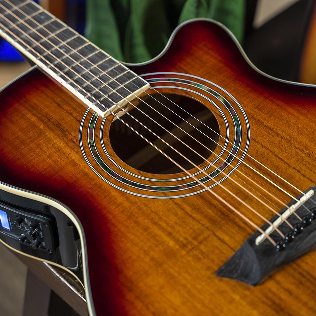 Washburn Festival Series 6 String Acoustic Electric Guitar, Right, Koa Burst, Cutaway Mini Jumbo (EA55G-A)