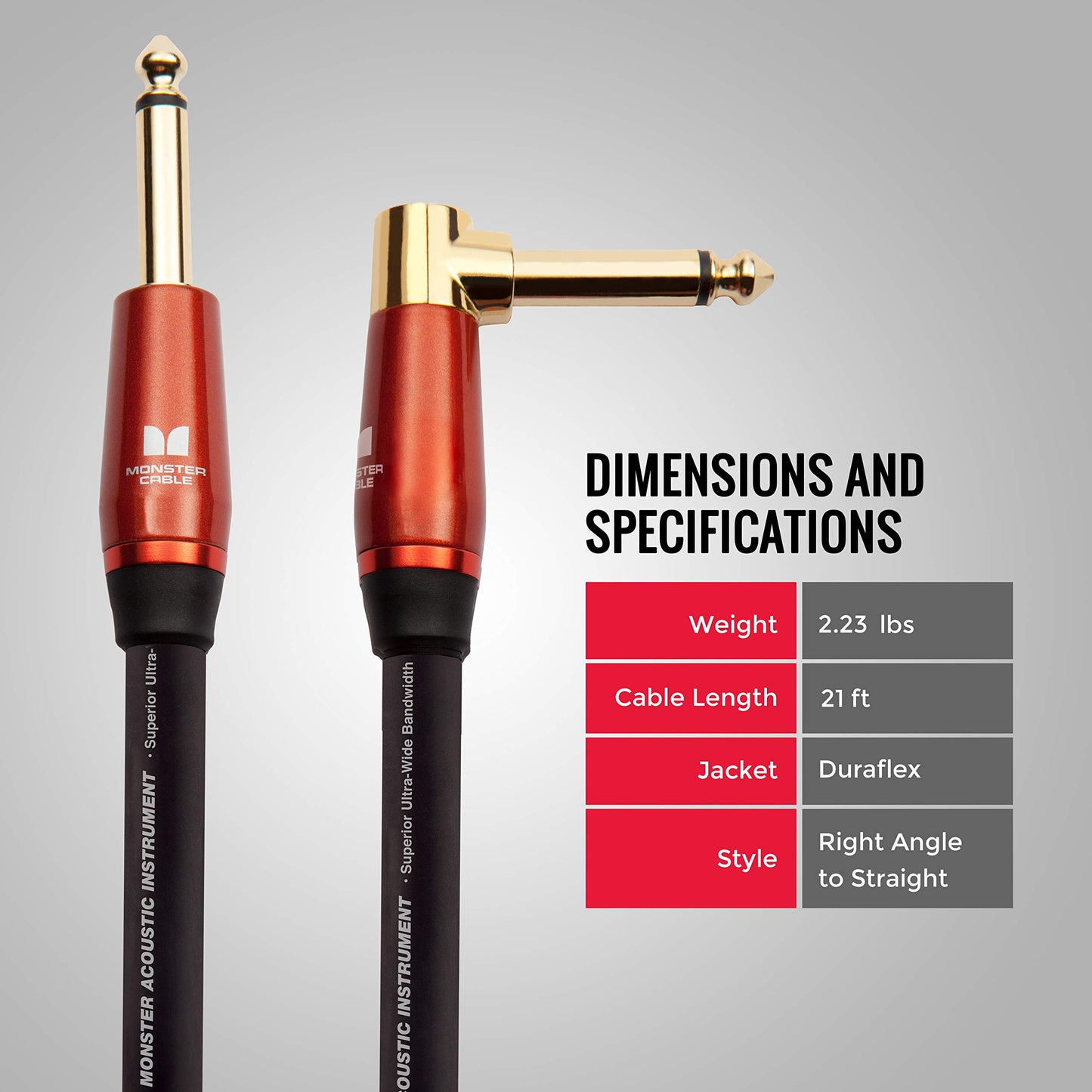 Monster Prolink Acoustic Instrument Cable - 21 ft - Right Angle to Straight