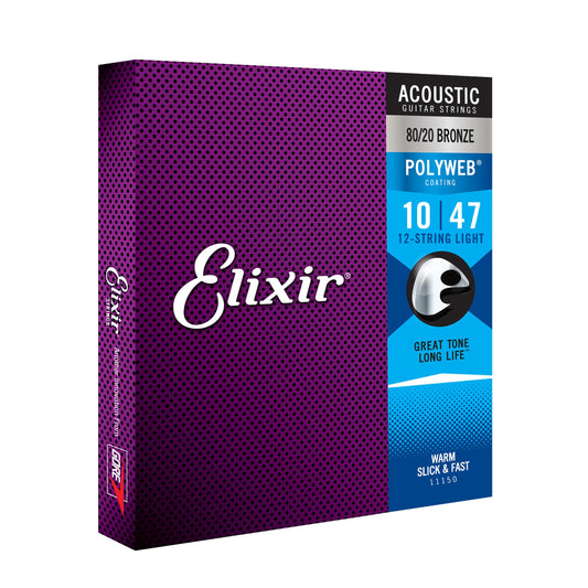 Elixir Strings, Acoustic Guitar Strings, 80/20 Bronze with POLYWEB Coating, Longest-Lasting Warm Tone with Comfortable Feel, 12 String Light 10-47