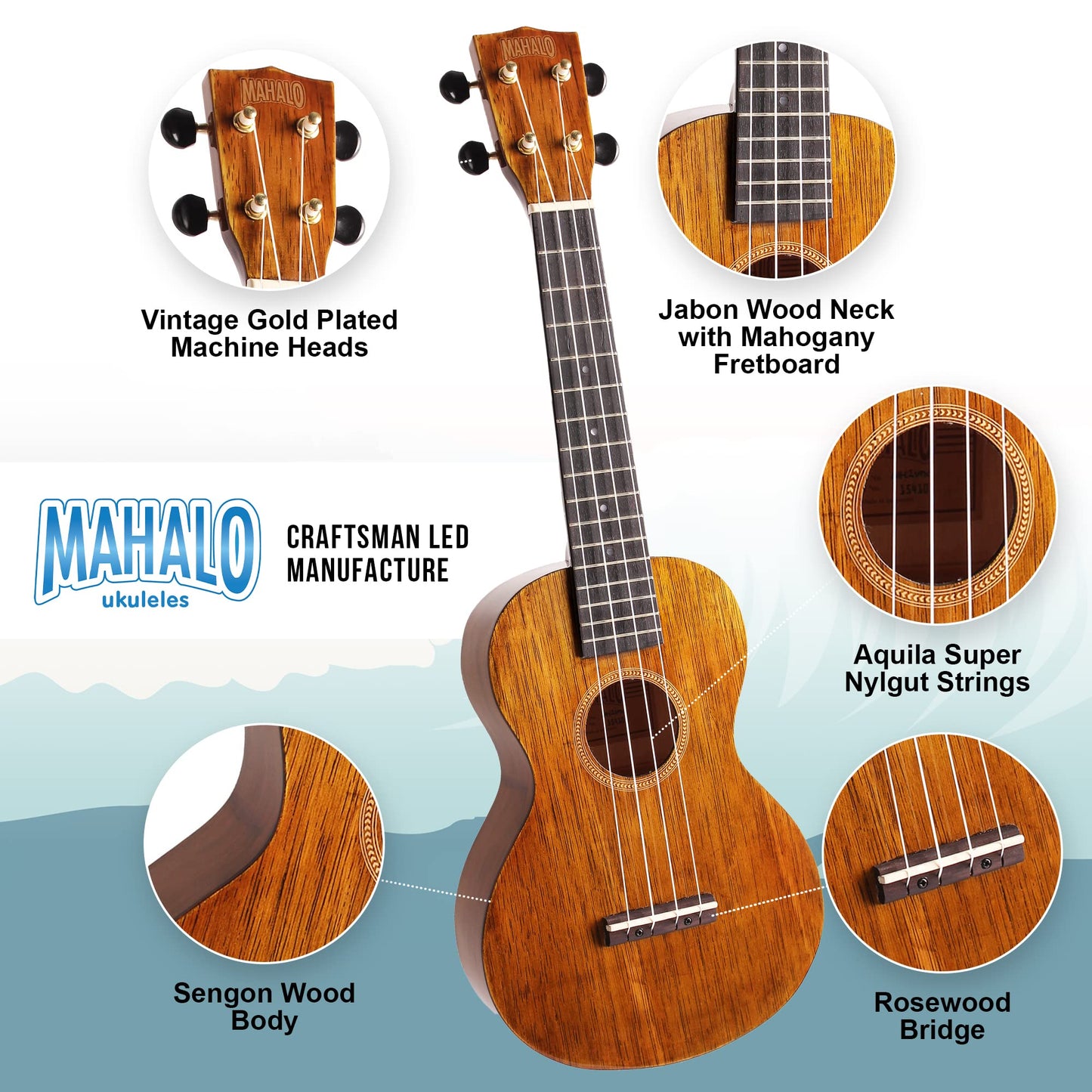 Mahalo, 4-String Concert Ukulele, Natural, (MH2VNA)