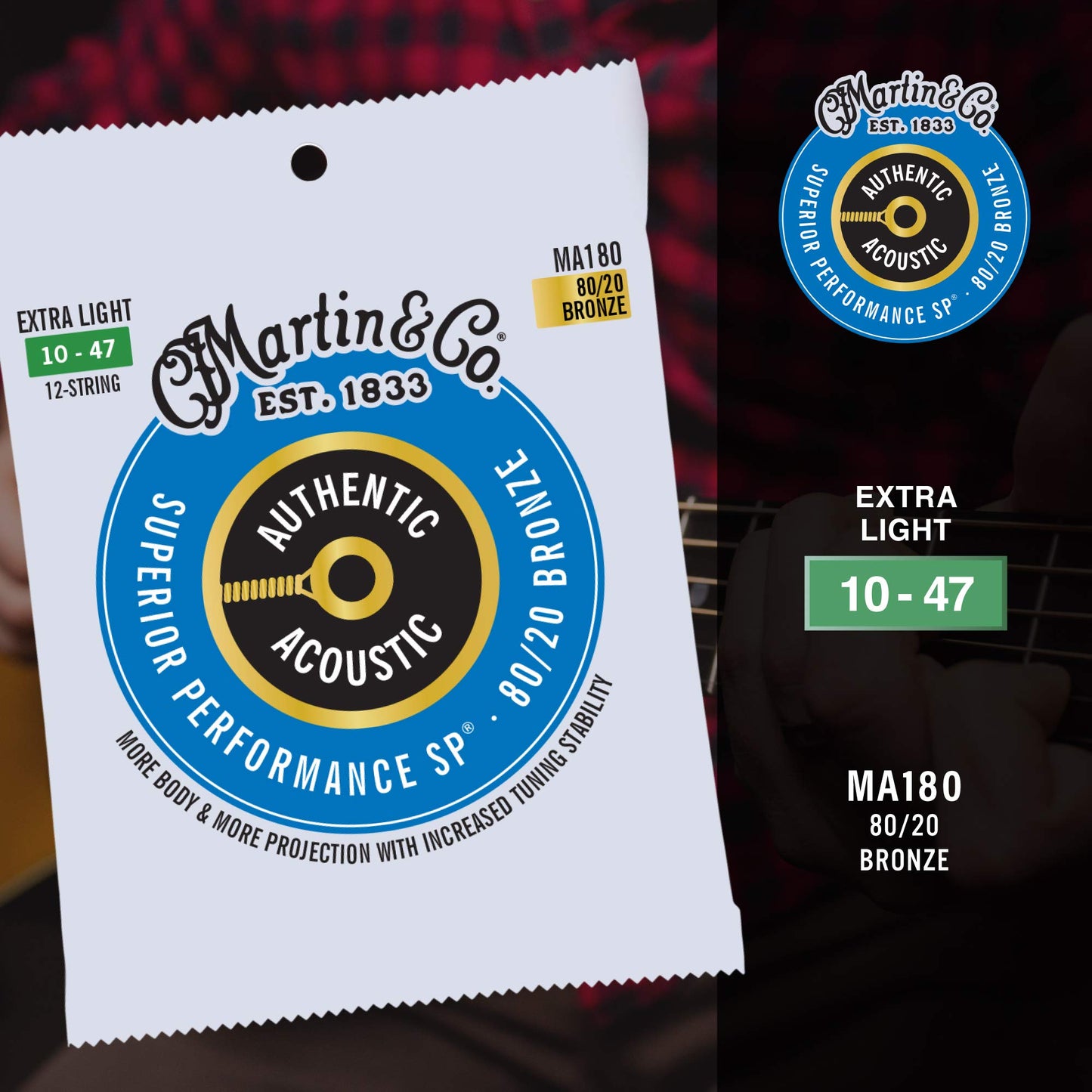 Martin Authentic Acoustic Guitar Strings, Superior Performance Extra Light 10-47, 80/20 Bronze, 12 strings