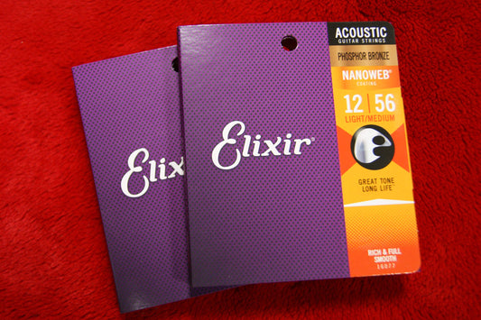 Elixir Nanoweb coated 16077 12-56 phosphor bronze acoustic guitar strings light medium (2 PACKS)