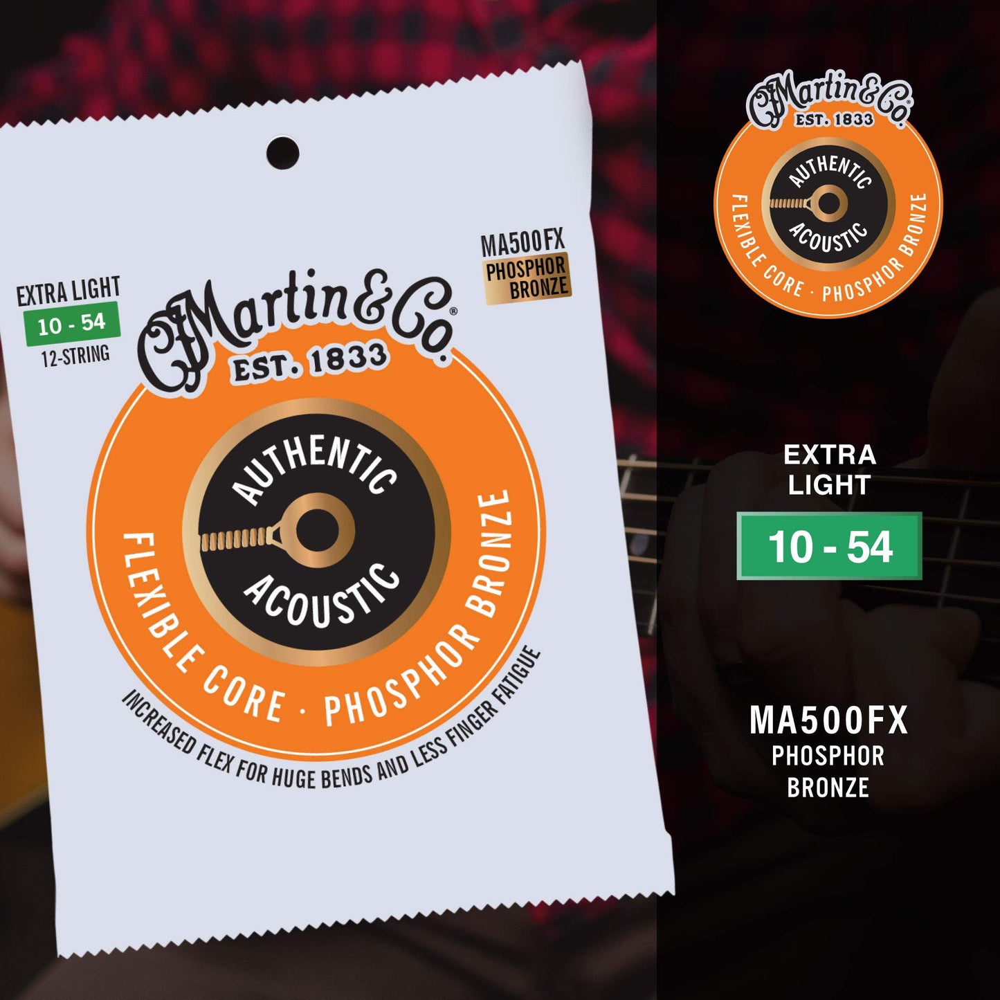 Martin Authentic Acoustic Guitar Strings, Flexible-Core Extra Light Set, 10-27, 10-54 92/8 Phosphor Bronze, 12 String