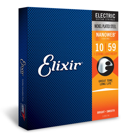 Elixir Strings, Electric Guitar Strings, Nickel Plated Steel with NANOWEB Coating, Longest-Lasting Bright Tone with Comfortable Feel, 7 String Light/Heavy 10-59