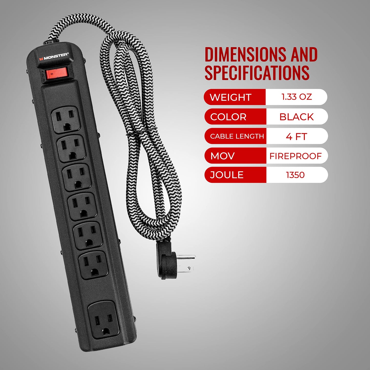 Monster Pro MI Professional Surge Protector Power Strip with Fireproof MOV Technology for Computers, Amplifiers, Pedal Boards, and Pro Audio Gear, 1350 Joule, 4 ft Cord, 7 Outlet Power Strips