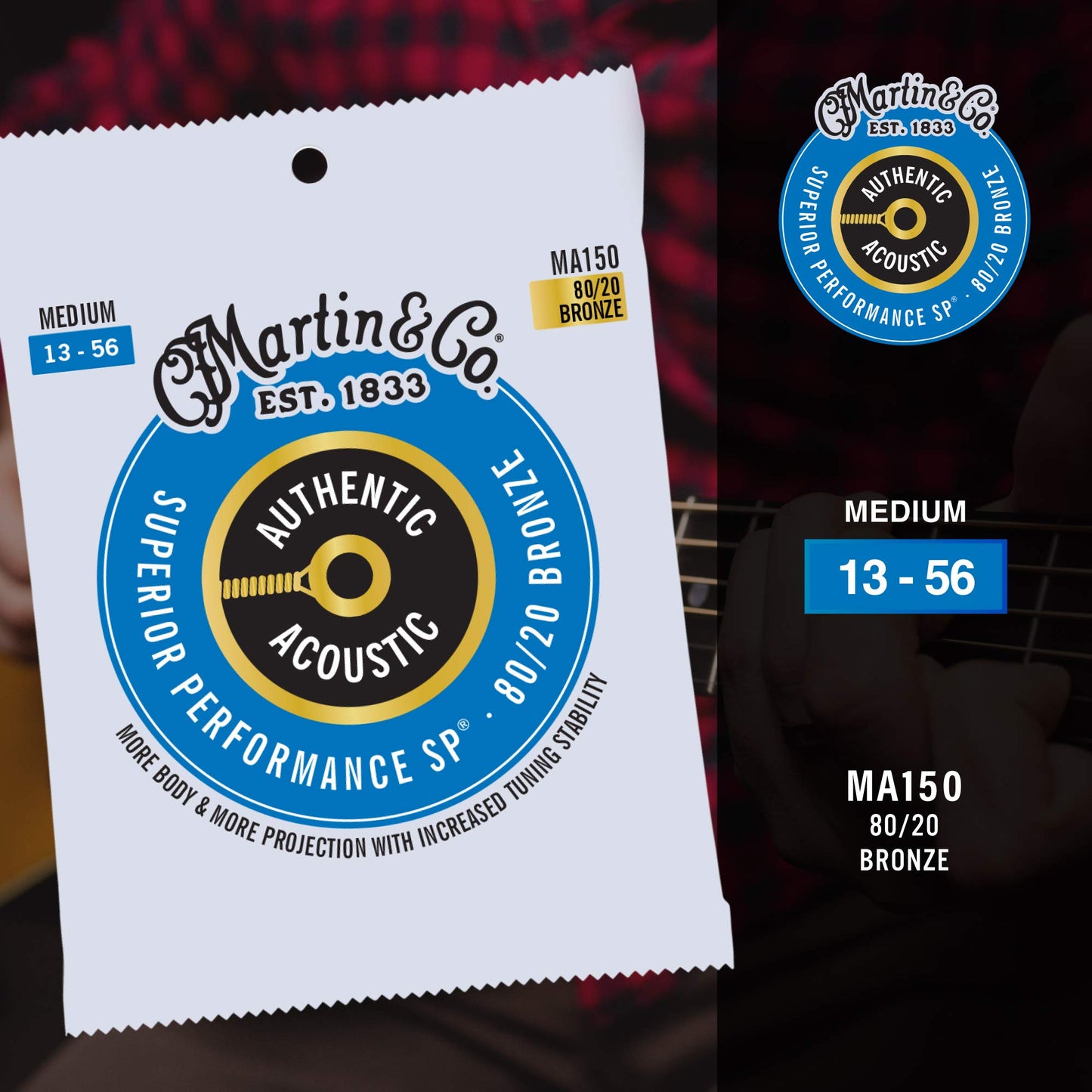 Martin Authentic Acoustic Guitar Strings, Superior Performance Medium 13-56, 80/20 Bronze