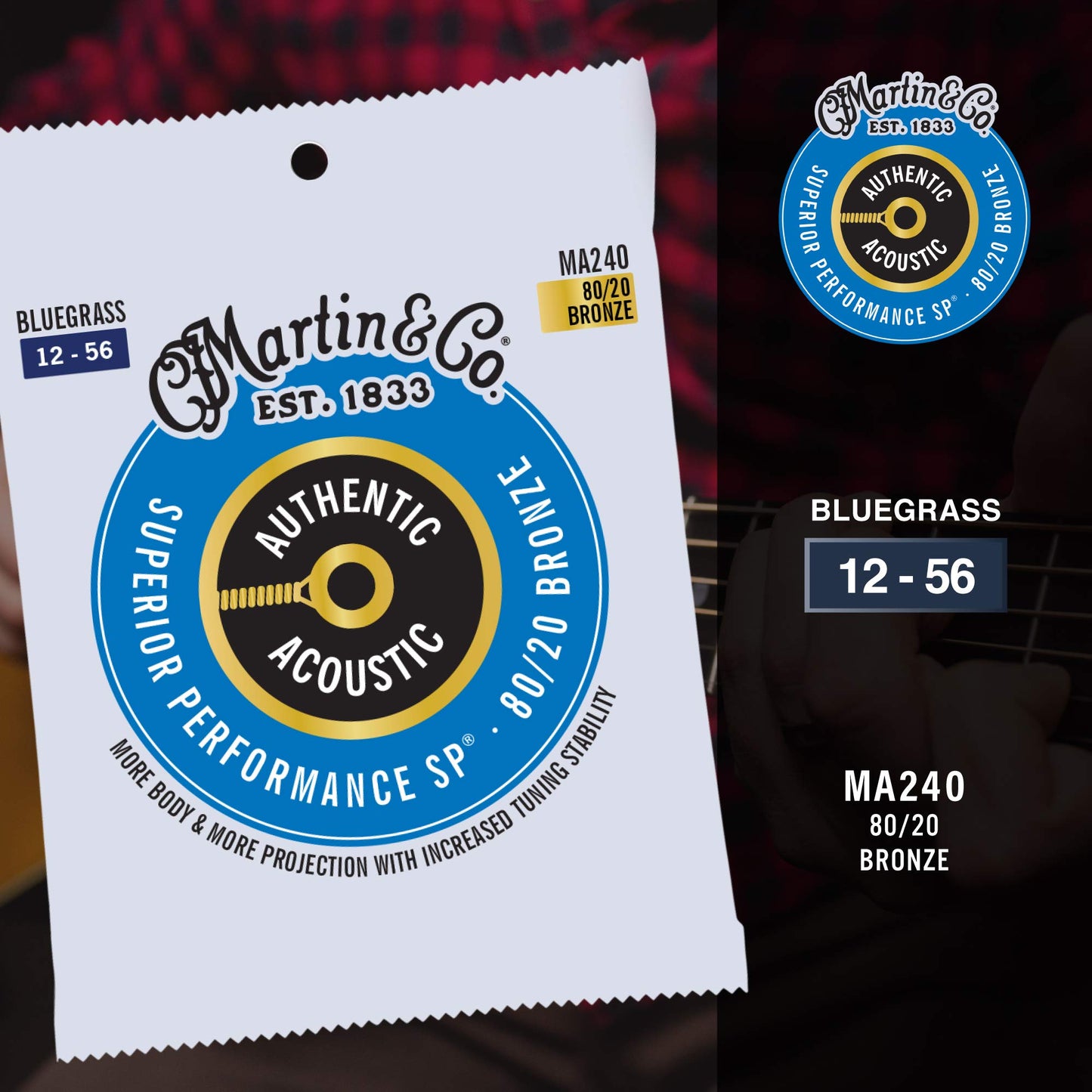 Martin Authentic Acoustic Guitar Strings, Superior Performance Bluegrass 12-56, 80/20 Bronze