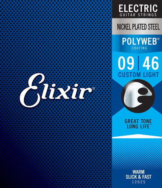 Elixir Strings, Electric Guitar Strings, Nickel Plated Steel with POLYWEB Coating, Longest-Lasting Warm Tone with Comfortable Feel, 6 String Set, Custom Light 9-46