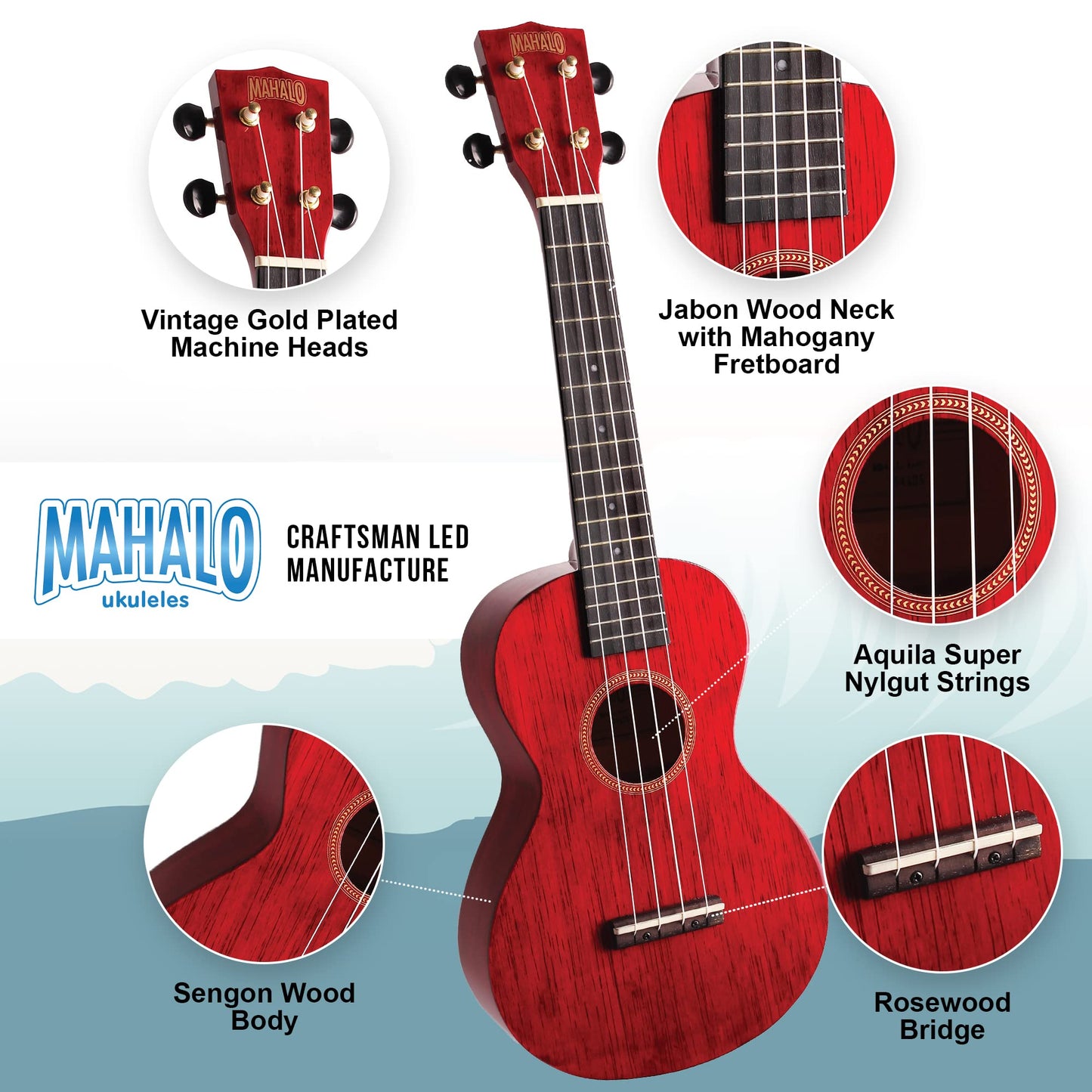 Mahalo, 4-String Ukulele, Transparent Wine Red, Concert (MH2TWR)