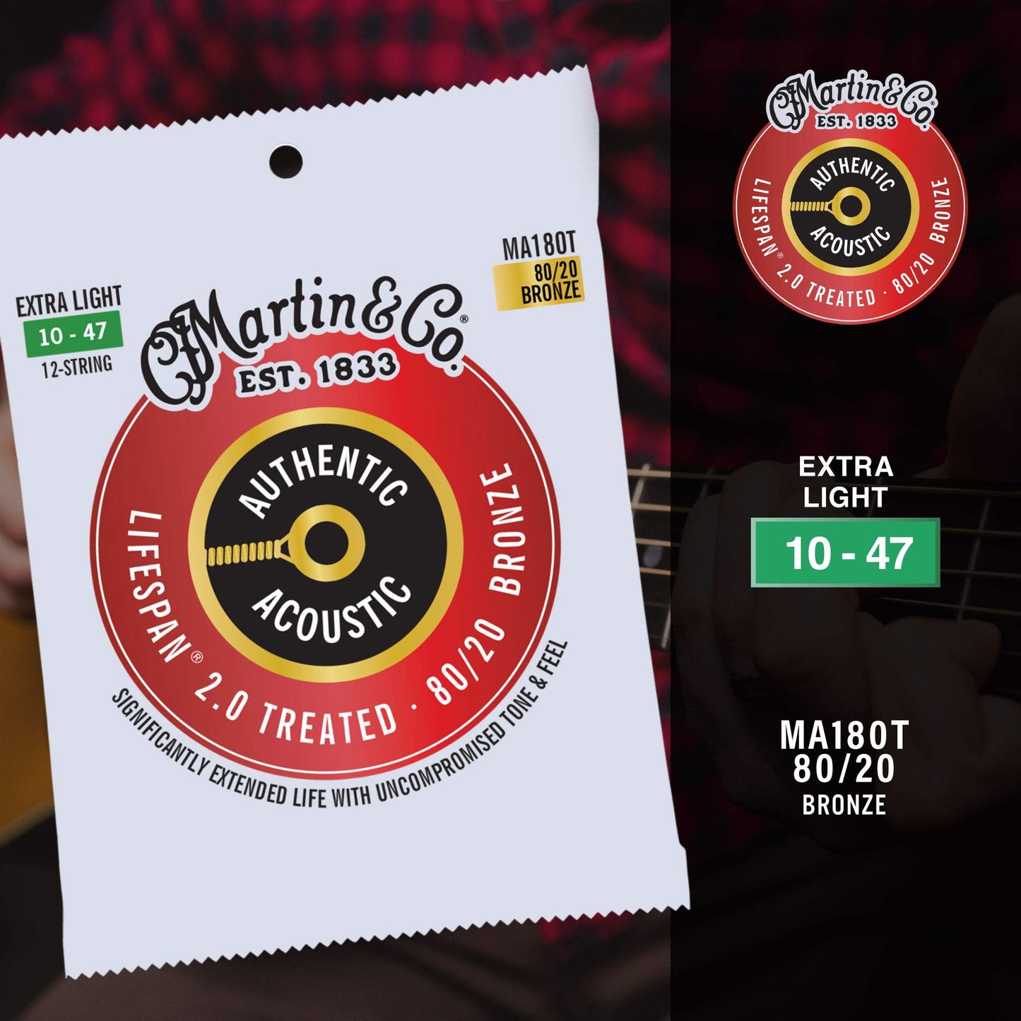 Martin Authentic Acoustic Guitar Strings, Lifespan 2.0 Treated, Extra Light 12-String, 80/20 Bronze