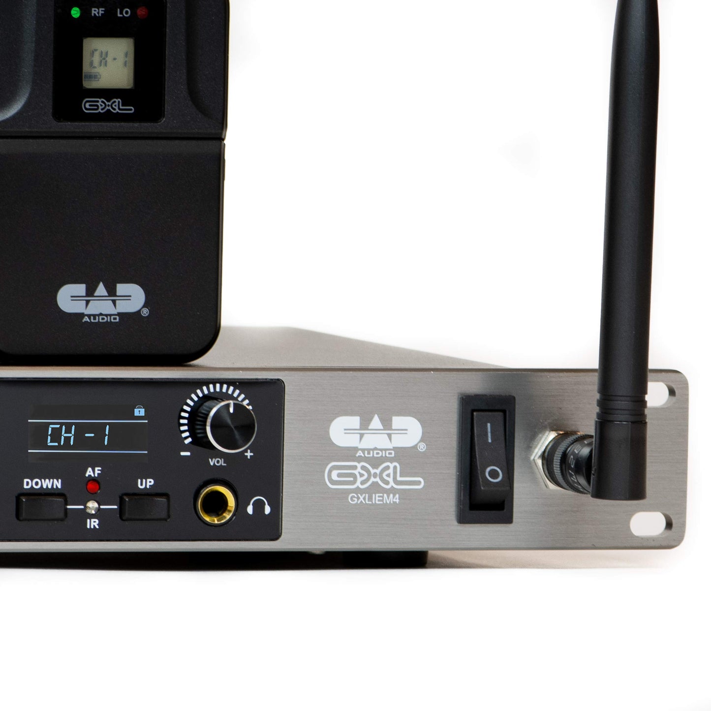 CAD Audio GXLIEM4 Frequency Agile Wireless In Ear Monitor System -Four discrete mixes - includes 4 MEB1 Earbuds, 4 Bodypack Receivers, Rack Mount Ears and Antenna Relocation Kit ,Black