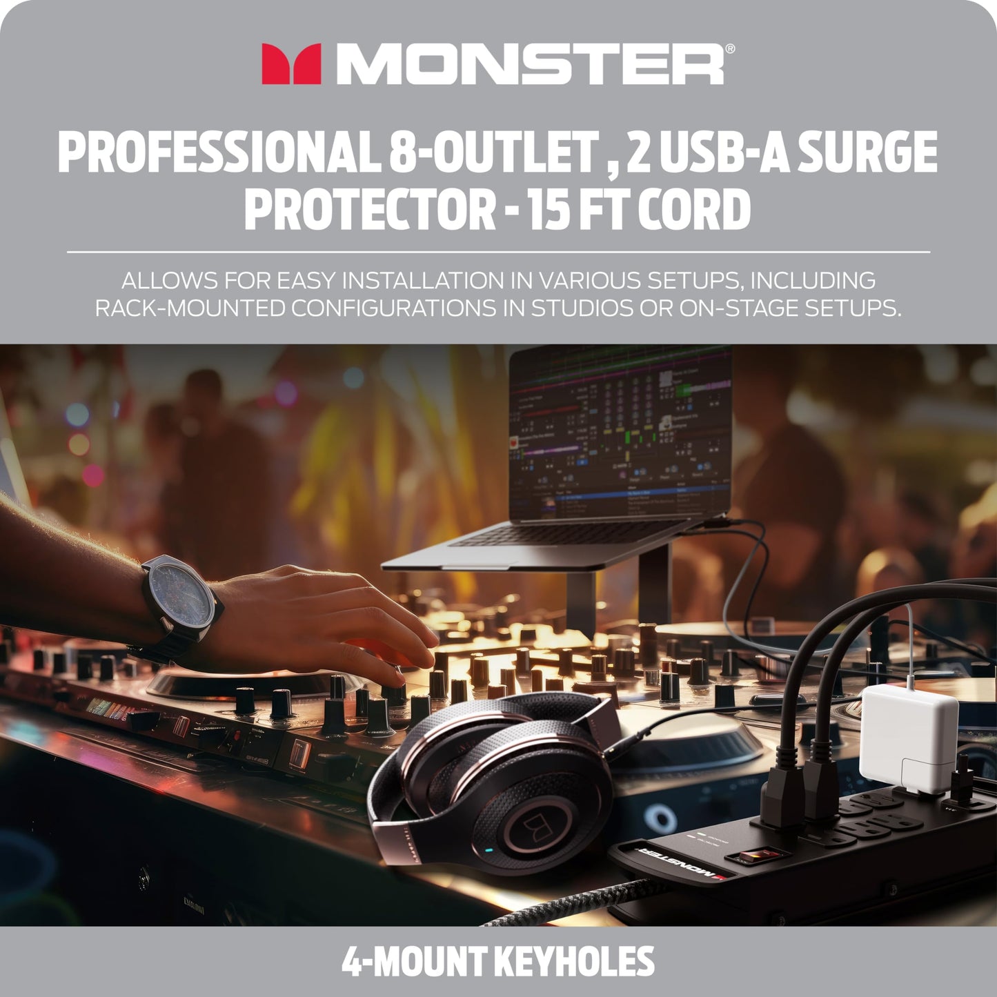 Monster Pro MI Professional Surge Protector Power Strip with Fireproof MOV Technology for Computers, Amplifiers, Pedal Boards, and Pro Audio Gear - 1960 Joule, 15 ft Cord, 8 Outlet, 2 USB