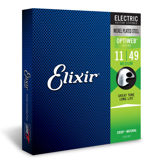 Elixir Strings, Electric Guitar Strings, Nickel Plated Steel with OPTIWEB Coating, Longest-Lasting Crisp Tone with Comfortable Feel, 6 String Set, Medium 11-49