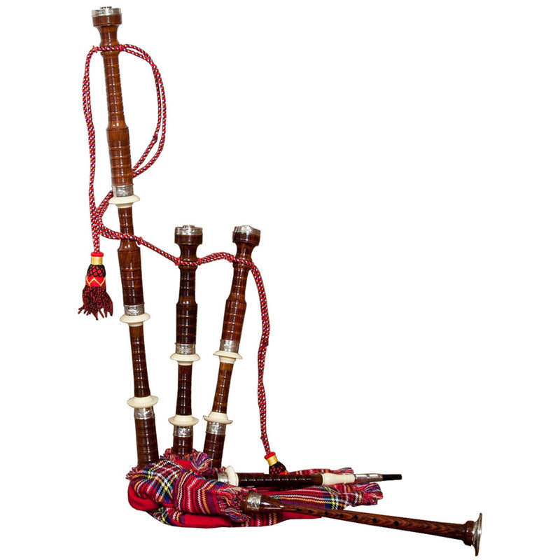 Roosebeck Full Size Sheesham Bagpipe Engraved Nickel Plated w/ Red Tartan Cover