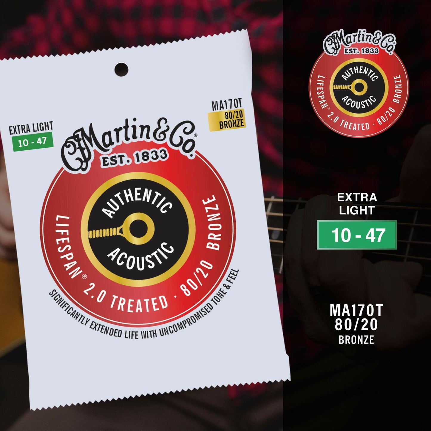 Martin Authentic Acoustic Guitar Strings, Lifespan 2.0 Treated, Extra Light, 80/20 Bronze