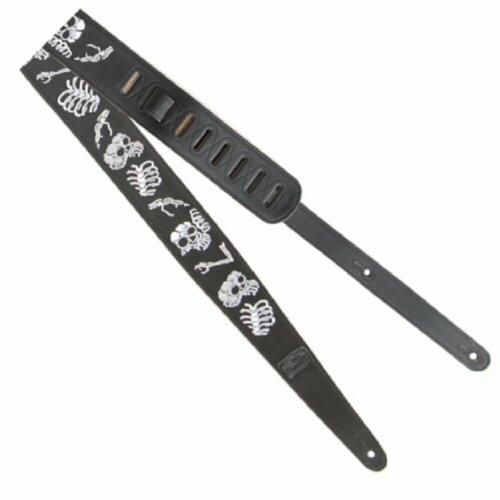 City Limits Guitar Strap-Black Leather-Embroidered Skeleton Bones