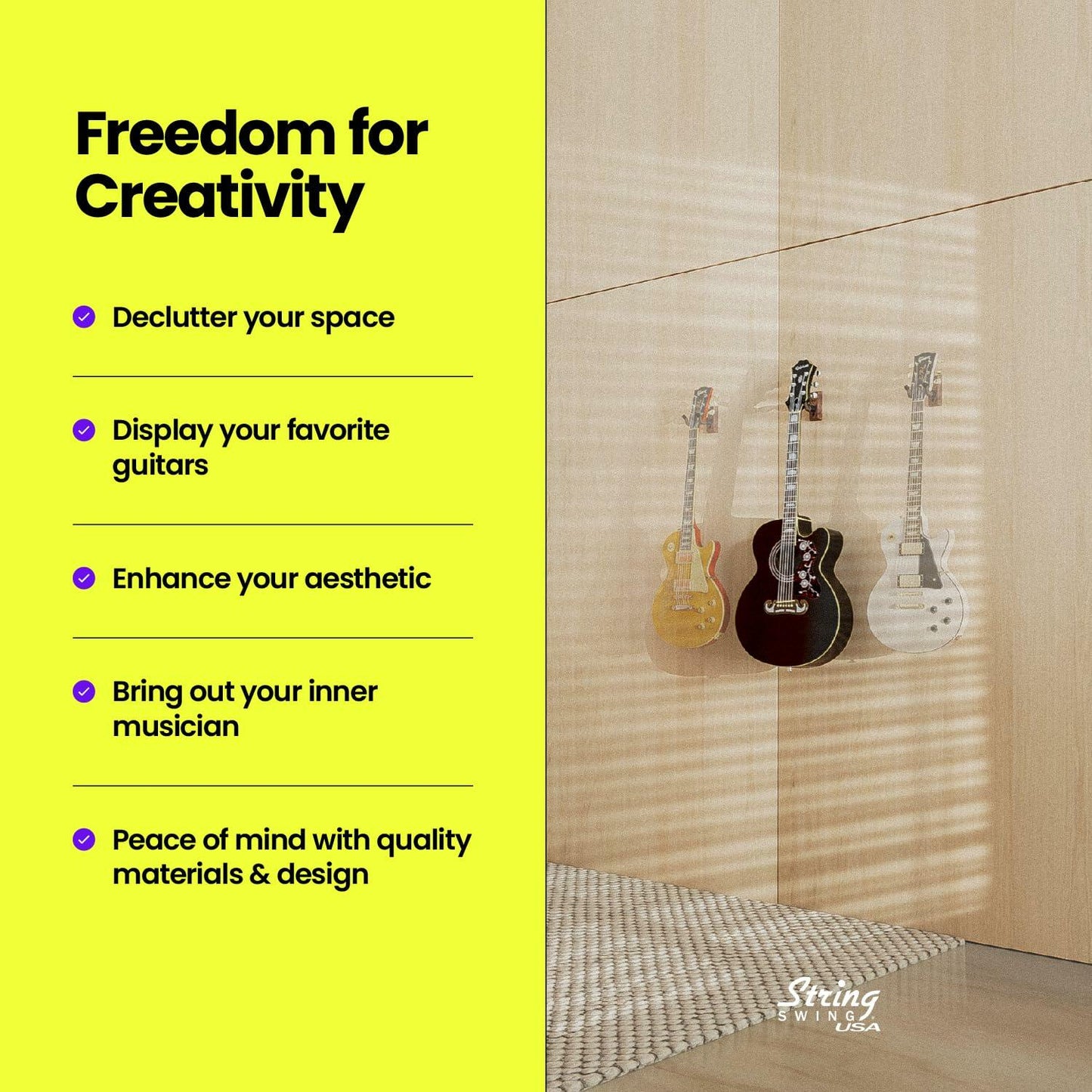 String Swing CC01K-BW Guitar Hanger and Guitar Wall Mount Bracket Holder for Acoustic and Electric Guitars Black Walnut