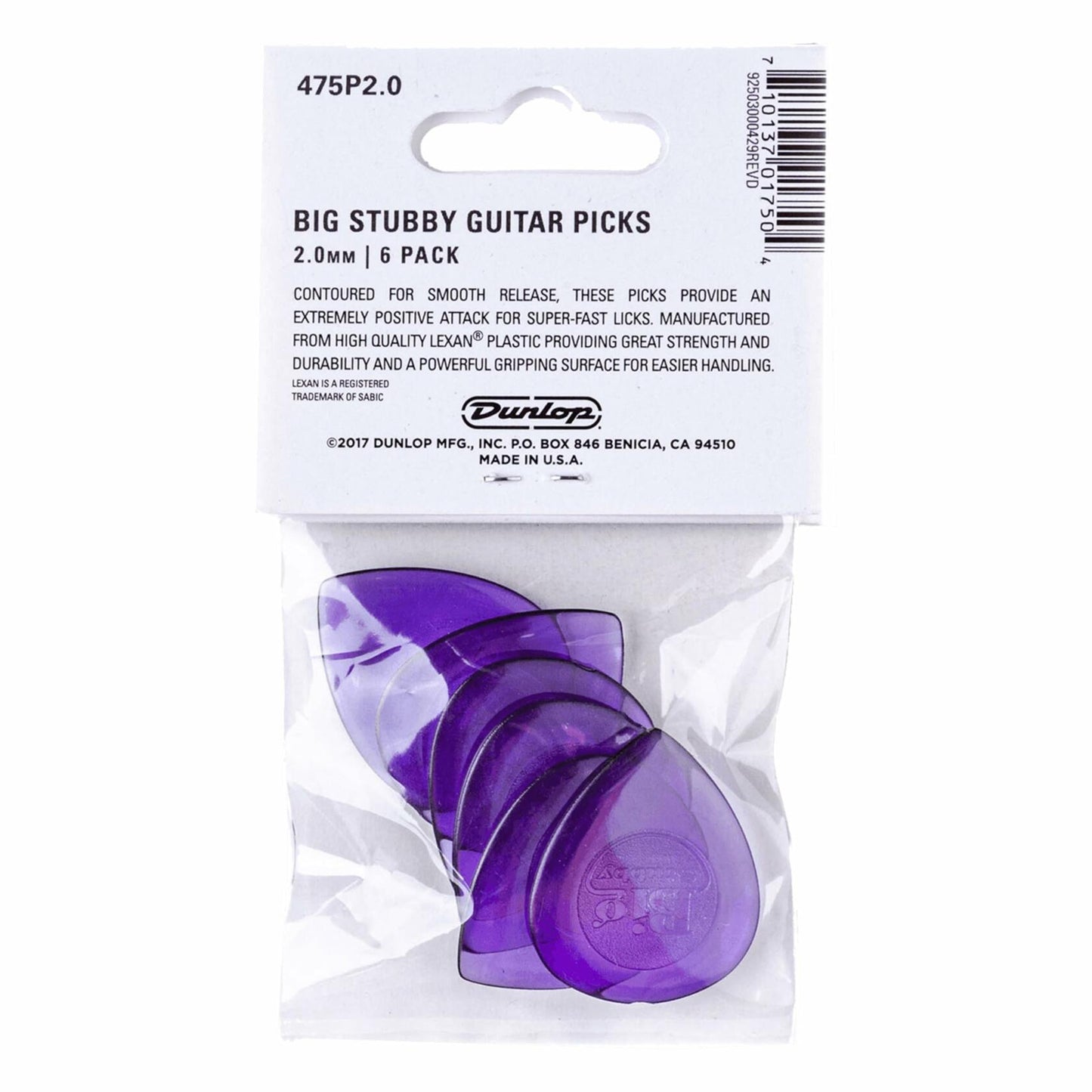 Dunlop 475 Big Stubby Guitar Picks 2.0 mm 6-Pack
