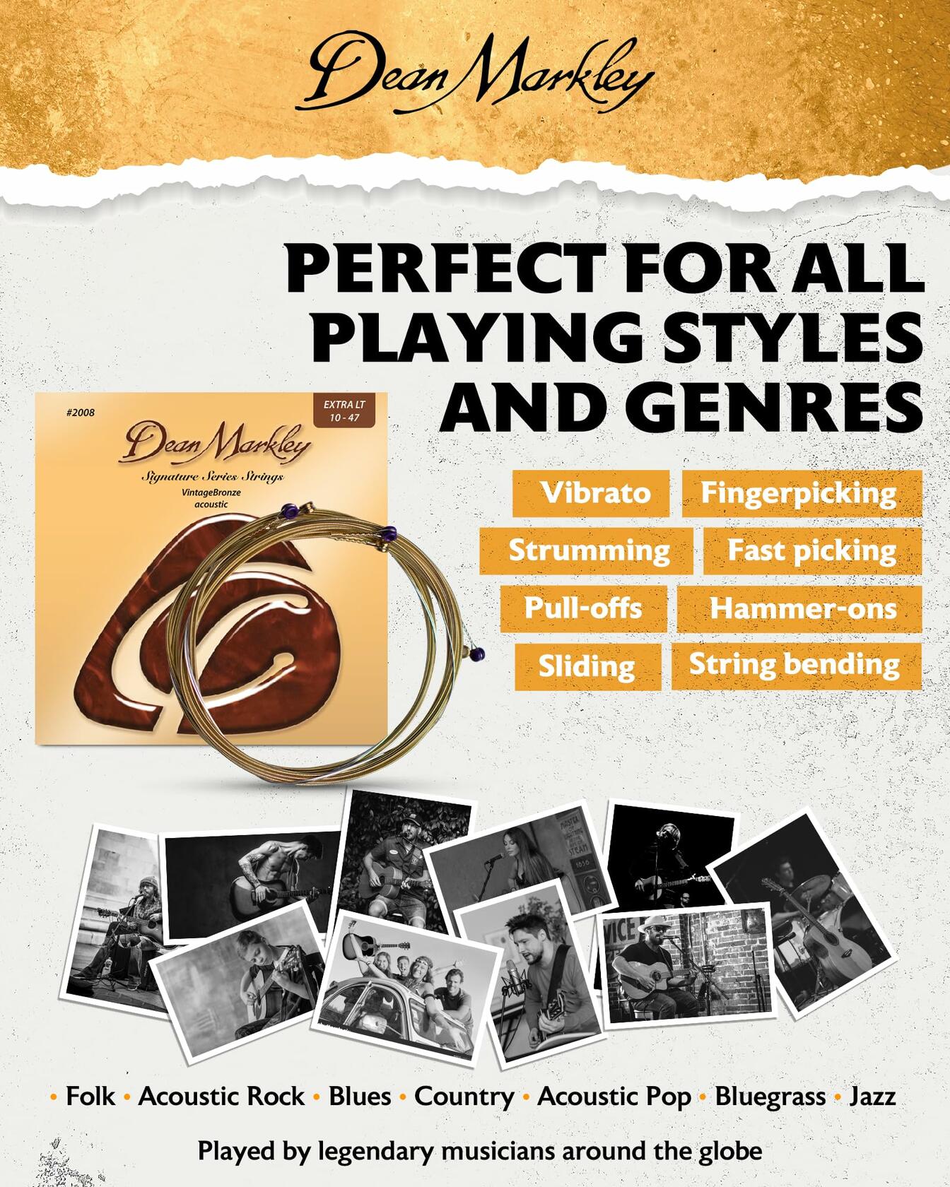 Dean Markley Signature Vintage Bronze Acoustic Guitar Strings 6 String Set, 10-47 Acoustic Guitar Strings Extra Light, Precision Wound Guitar Strings Acoustic with Superior Tone Quality, Made in USA