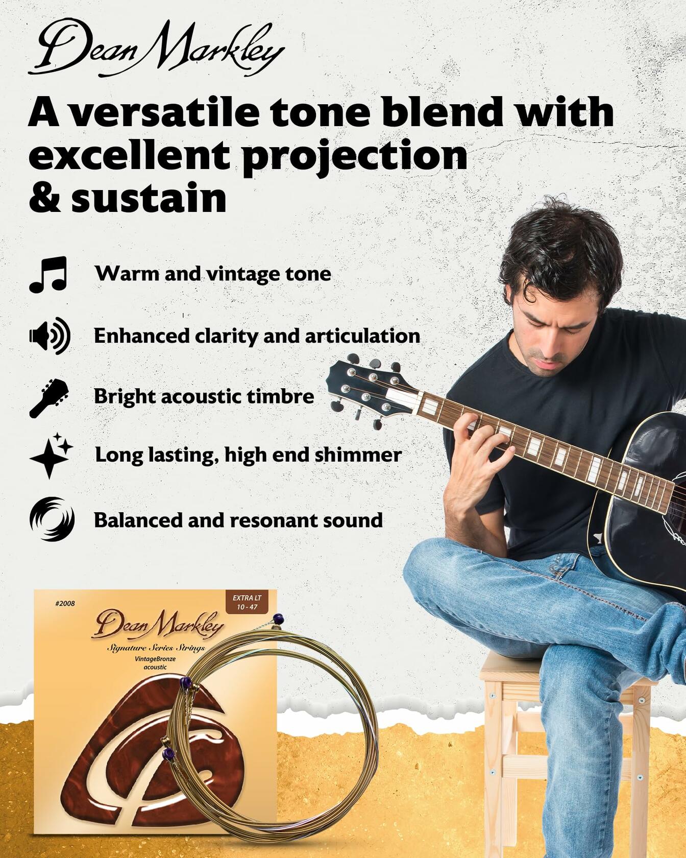 Dean Markley Signature Vintage Bronze Acoustic Guitar Strings 6 String Set, 10-47 Acoustic Guitar Strings Extra Light, Precision Wound Guitar Strings Acoustic with Superior Tone Quality, Made in USA