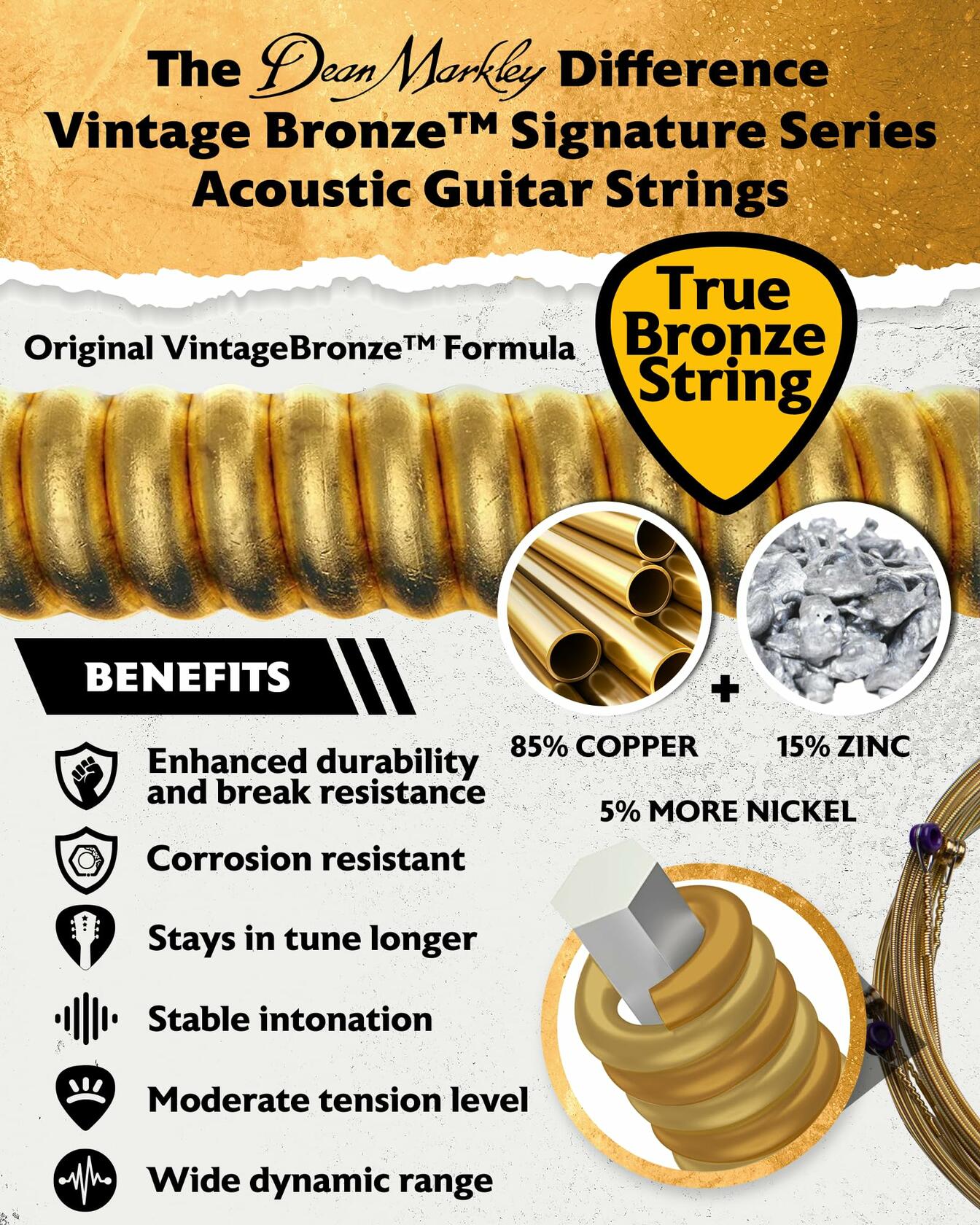 Dean Markley Signature Vintage Bronze Acoustic Guitar Strings 6 String Set, 13-56 Acoustic Guitar Strings Medium, Precision Wound Guitar Strings Acoustic with Superior Tone Quality, Made in USA