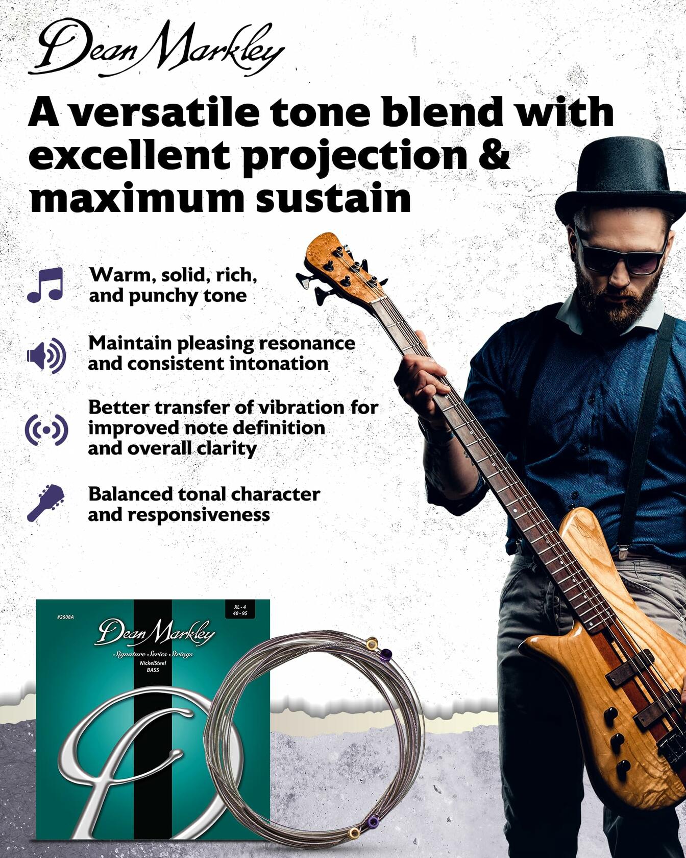 NickelSteel Signature Bass Guitar Strings 4 String Set, Roundwound Electric Bass Strings Extra Light, Incredible Long-Lasting Tone Suited for Rock and Roll, Made in USA, 40-95 Extra Light Gauge